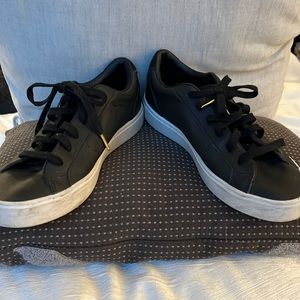 Adidas black weatherproof leather lace-up tennis shoes. Size 8. Great condition